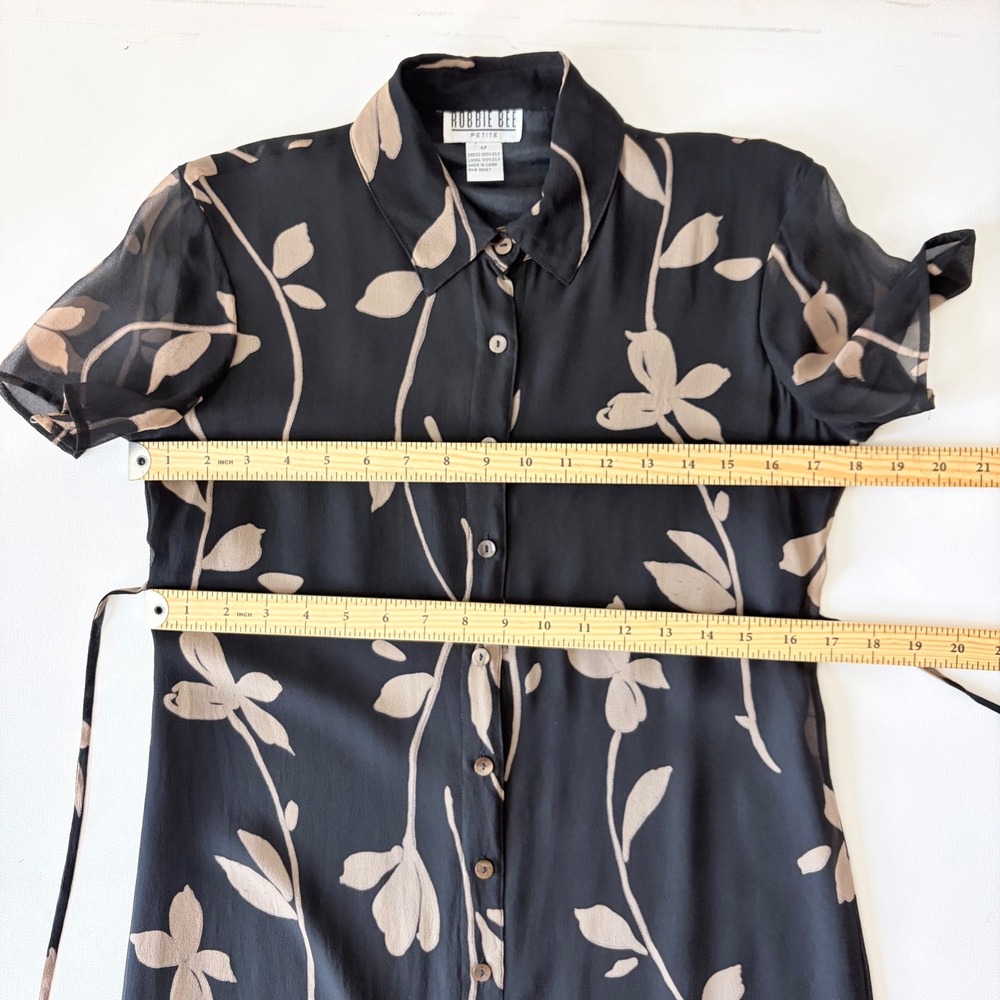 Robbie Bee Dress Womens 4P Black Tan Floral Silk Button Front Midi Shirt Dress - Picture 6 of 7